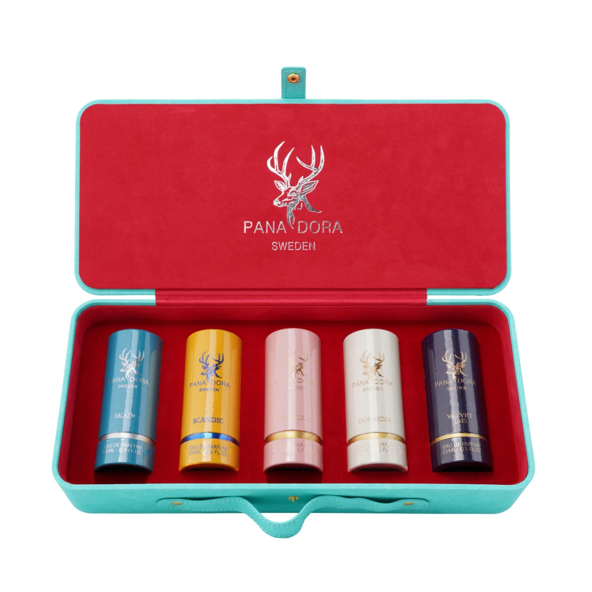 Pana Dora Sweden - Travel Set - Turquoise mit fünf farbigen Parfumzylindern in luxuriösem türkis-rotem Etui