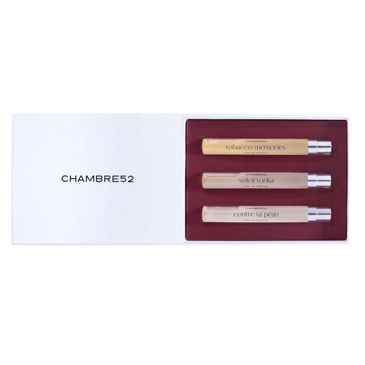 Chambre52 - Travel Set Miami mit drei 10-ml-Duftfläschchen Tobacco Memories, Soleil Tonka und Contre ta Peau in weißer Geschenkbox