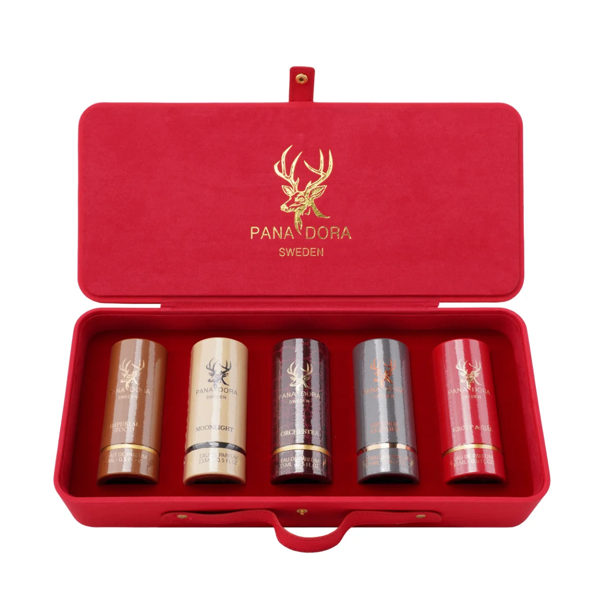 Pana Dora Sweden - Travel Set - Red edles rotes Etui mit fünf edlen Parfums in verschiedenen Farben elegant arrangiert