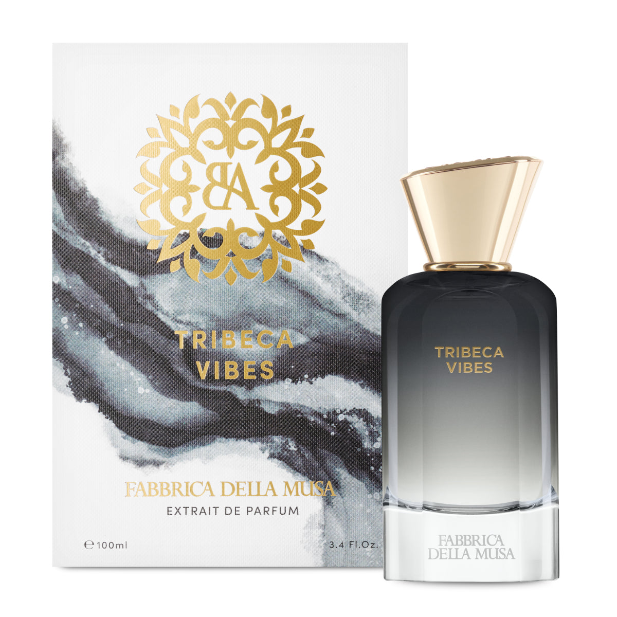 Fabbrica della Musa - Tribeca Vibes Parfumflakon mit modernem schwarz-weiß Verlauf und goldfarbenem Deckel vor edler Verpackung
