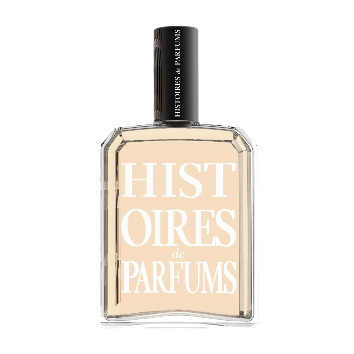 Histoires de Parfums - Tubéreuse Nuit Blanche Parfumflakon mit klarer Form und schwarzem Verschluss auf weißem Hintergrund