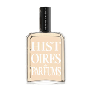Histoires de Parfums - Tubéreuse Nuit Blanche Parfumflakon mit klarer Form und schwarzem Verschluss auf weißem Hintergrund
