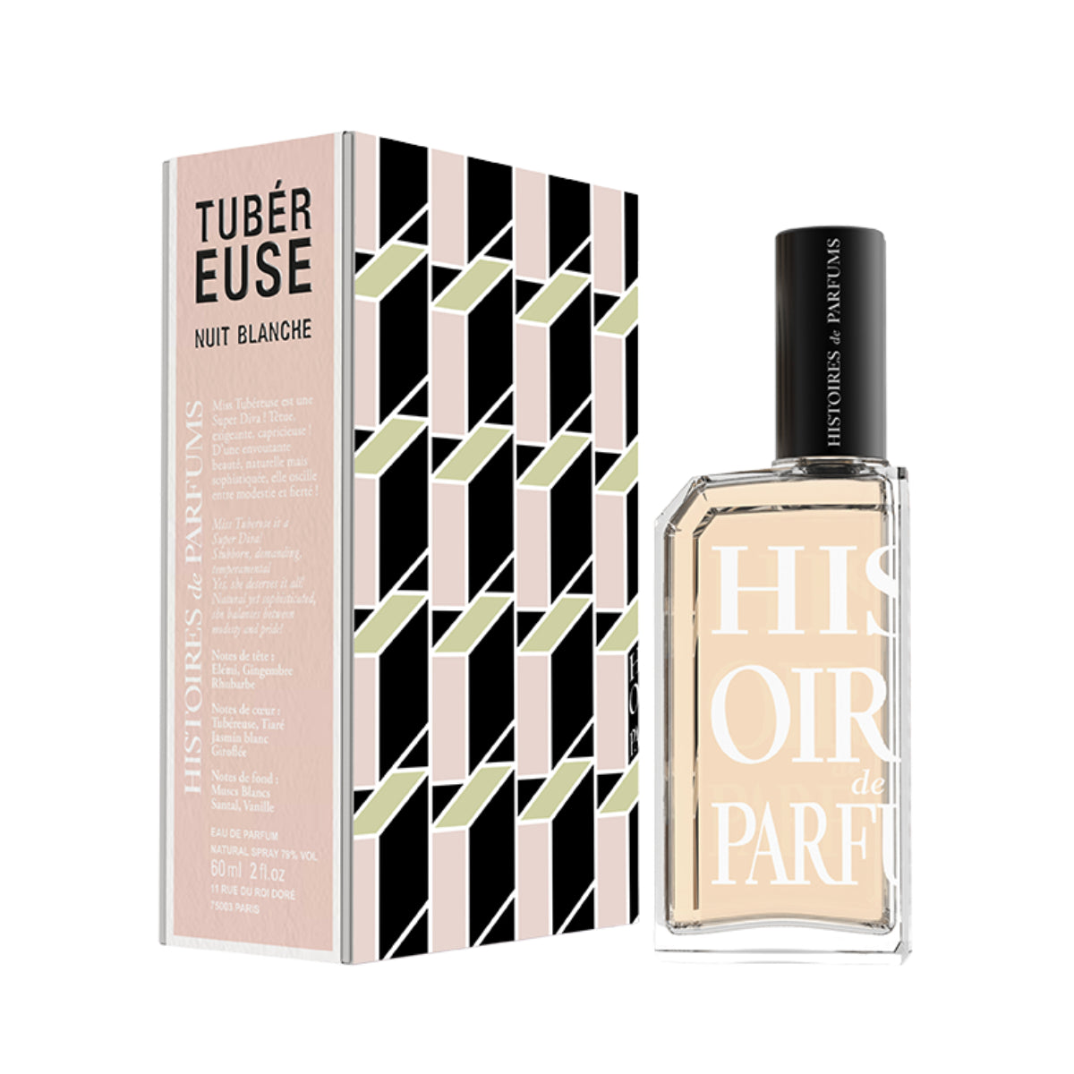 Histoires de Parfums - Tubéreuse Nuit Blanche Parfumflakon neben geometrisch gemusterter Verpackung in zarten Farben