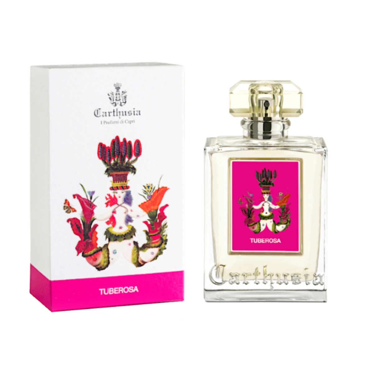 Carthusia - Tuberosa Parfumflakon mit kristallklarem Glas und leuchtend pinkem Etikett vor weißem Hintergrund