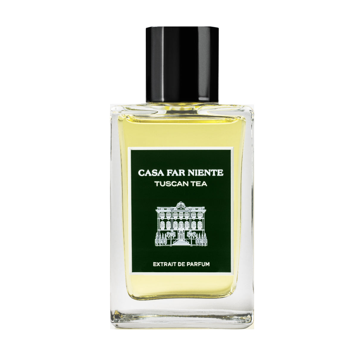 Casa Far Niente - Tuscan Tea Parfumflakon mit klarer Flüssigkeit und schwarzem Verschluss vor weißem Hintergrund