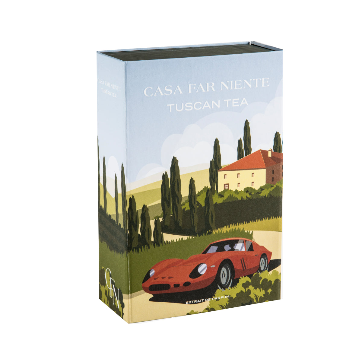 Casa Far Niente - Tuscan Tea Verpackung mit rotem Sportwagen vor toskanischer Landschaft und blauem Himmel