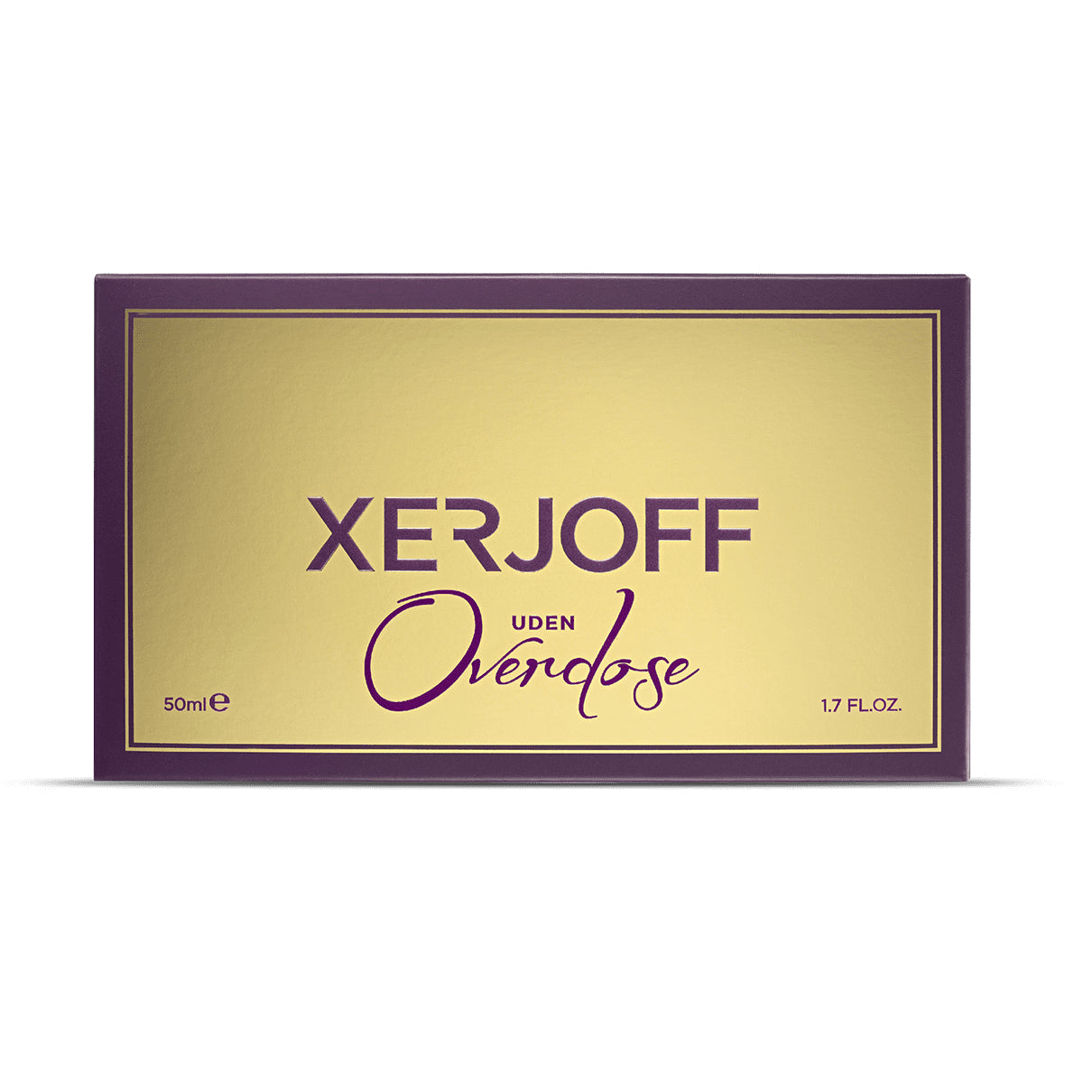 Xerjoff - Shooting Stars - Uden Overdose elegante Verpackung in Gold mit lila Rahmen und klarer Typografie auf weißem Hintergrund