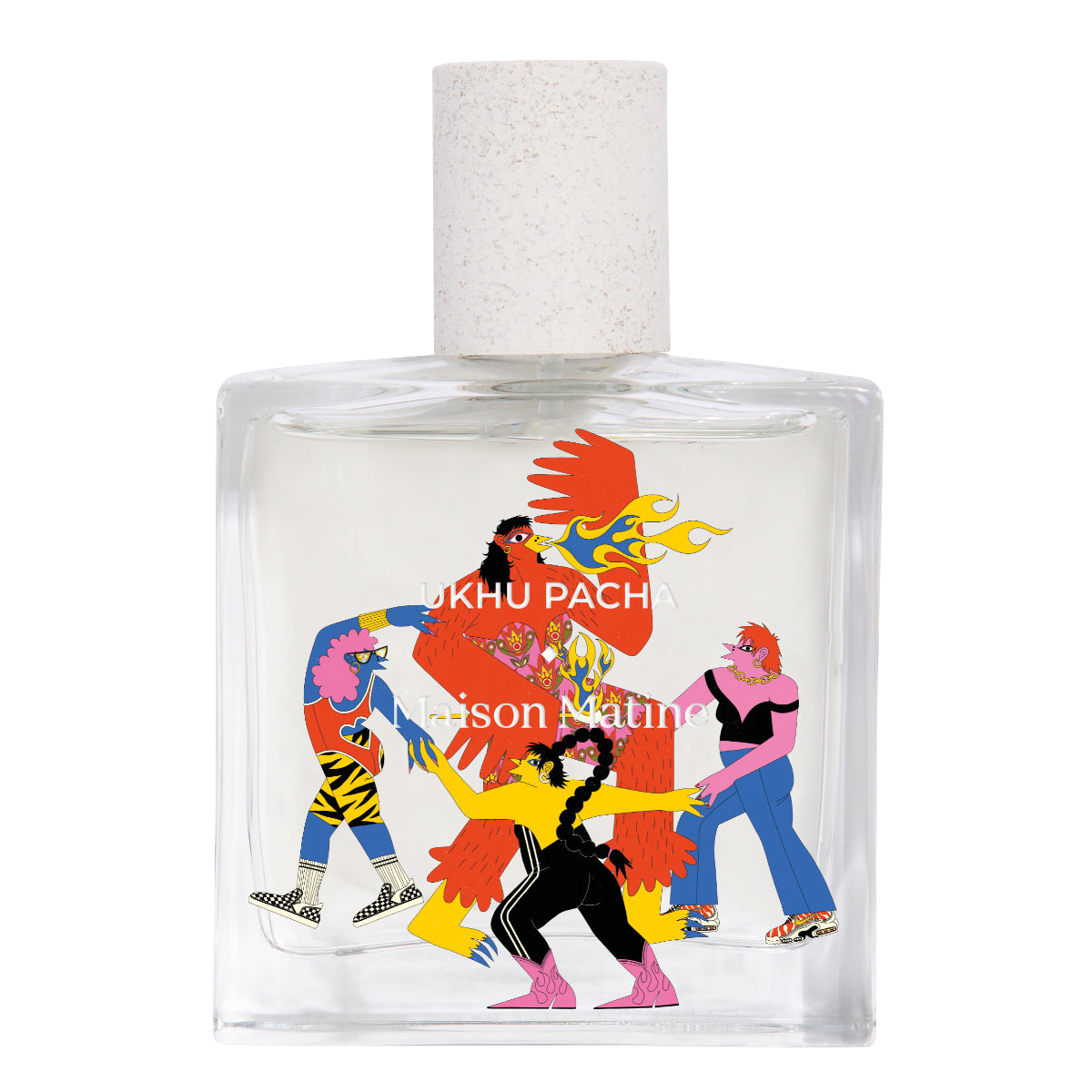 Maison Matine - Ukhu Pacha Parfumflakon mit lebendiger Illustration tanzender Figuren auf klarem Glas und hellem Verschluss