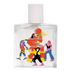 Maison Matine - Ukhu Pacha Parfumflakon mit lebendiger Illustration tanzender Figuren auf klarem Glas und hellem Verschluss