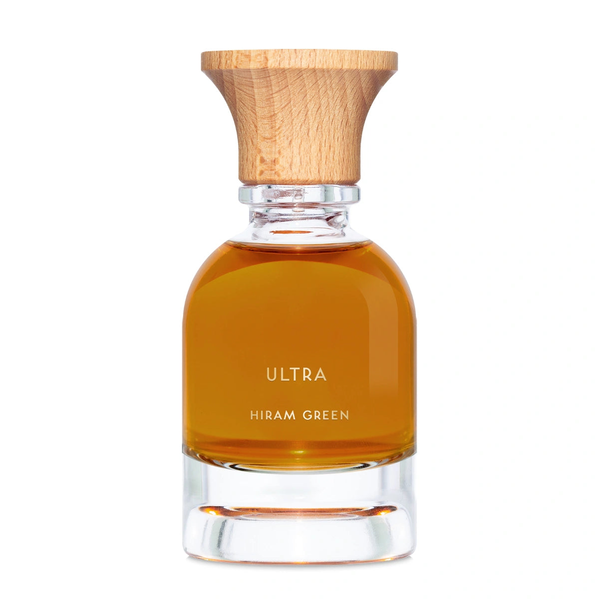Hiram Green - Ultra Parfumflakon mit klarem Glas und naturbelassenem Holzdeckel vor weißem Hintergrund