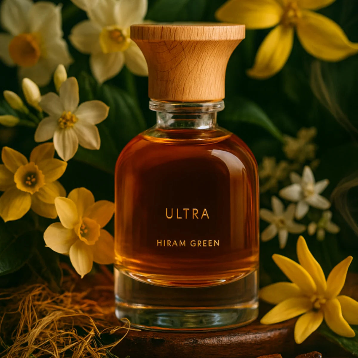 Hiram Green - Ultra Parfumflakon mit warmem bernsteinfarbenem Inhalt und naturbelassenem Holzverschluss umgeben von gelben Blumen