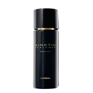 Kinetic Perfumes - Unreal schwarzer Parfumflakon mit goldenen Akzenten und schlichtem, zeitlosem Design auf weißem Hintergrund