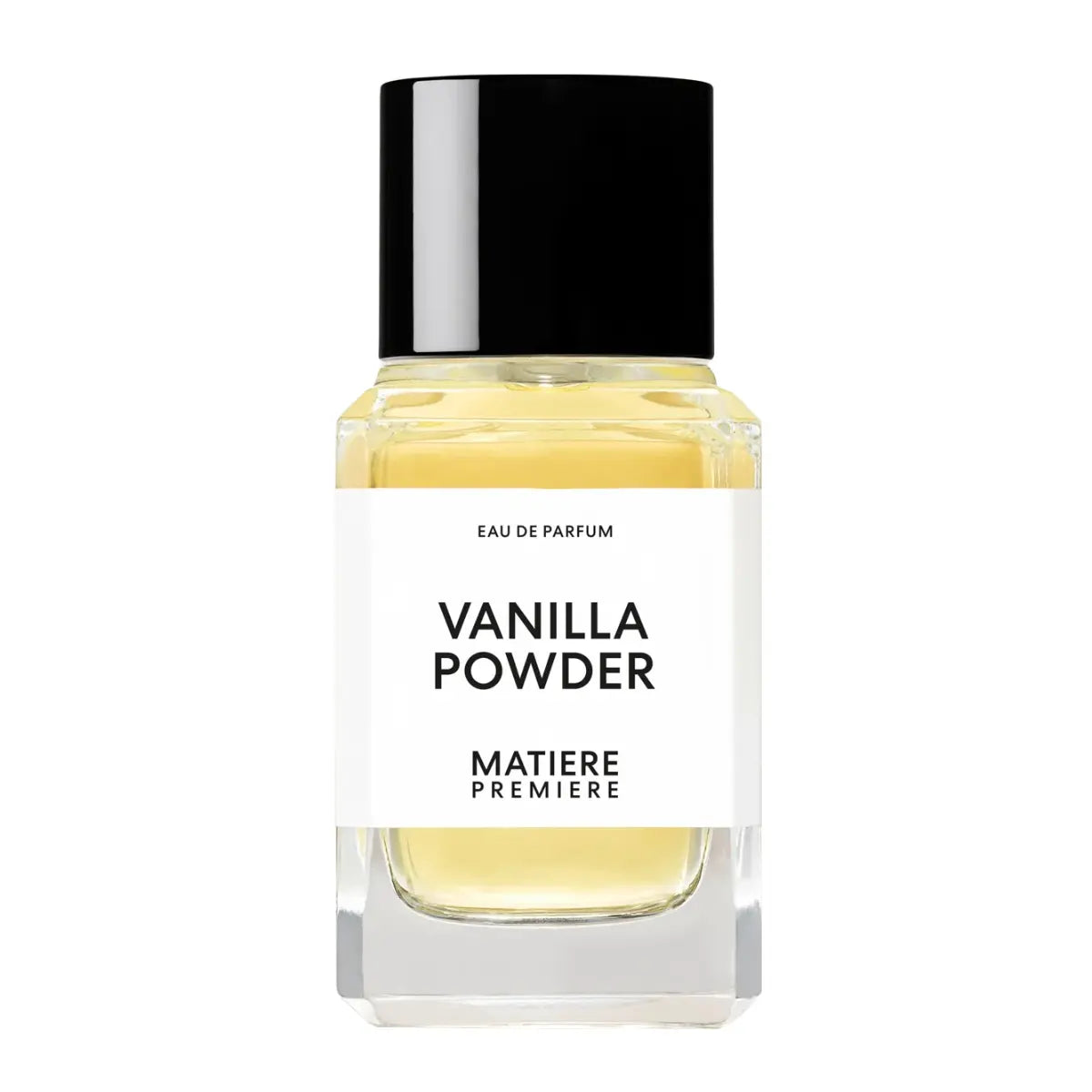 Matière Première - Vanilla Powder Eau de Parfum Flakon mit klarem Glas und schwarzem Deckel vor weißem Hintergrund