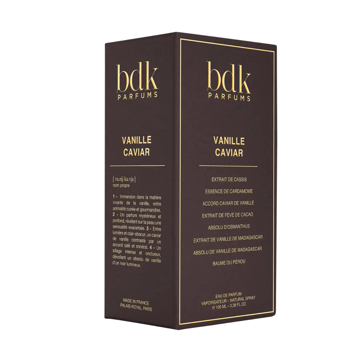 bdk Parfums - Collection Matières - Vanille Caviar Verpackung in dunklem Design mit goldener Schrift auf weißem Hintergrund