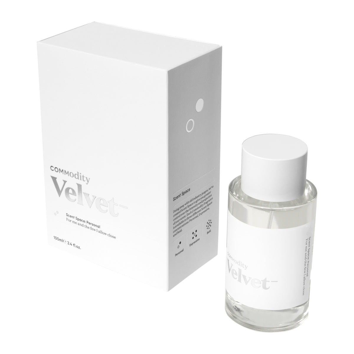 Commodity - Velvet- Parfumflakon mit weißem Etikett und passender Verpackung in modernem, minimalistischem Design