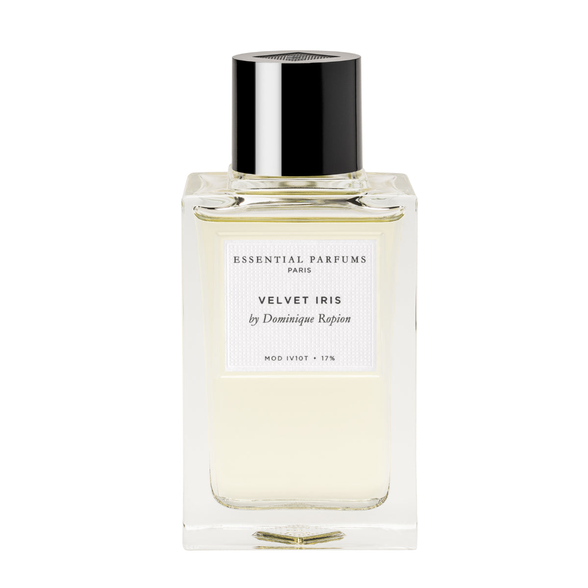 Essential Parfums - Velvet Iris Parfumflakon mit klarem Glas und schwarzem Verschluss auf weißem Hintergrund