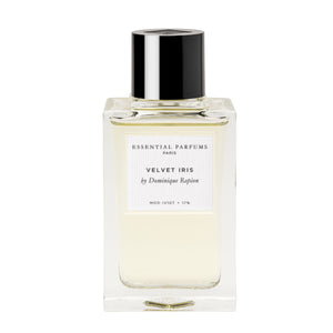 Essential Parfums - Velvet Iris Parfumflakon mit klarem Glas und schwarzem Verschluss auf weißem Hintergrund