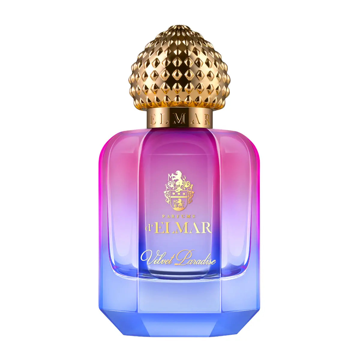 Parfums d'Elmar - Velvet Paradise Parfumflakon mit Farbverlauf von Pink zu Blau und goldfarbenem Deckel vor weißem Hintergrund
