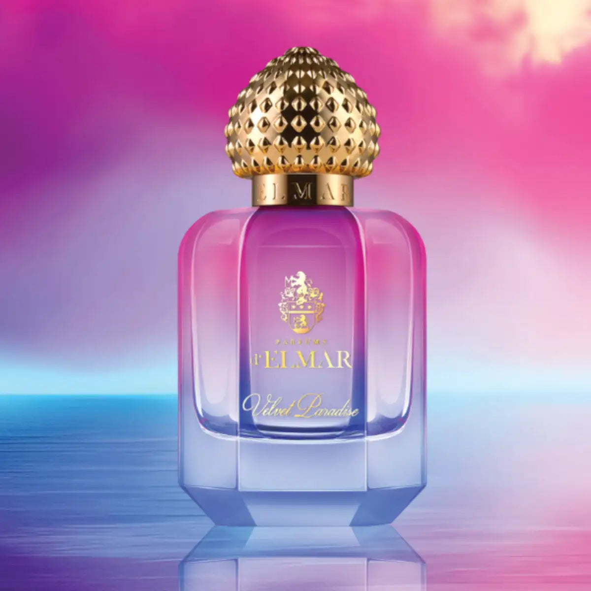 Parfums d'Elmar - Velvet Paradise Parfumflakon mit Farbverlauf von Lila zu Blau und goldfarbenem, strukturiertem Verschluss