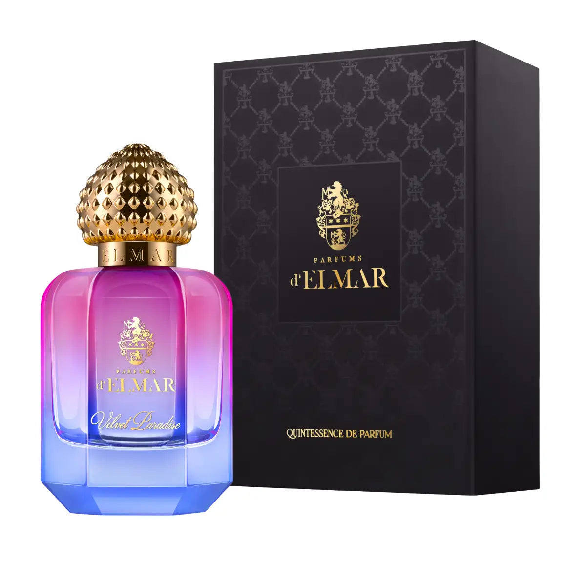 Parfums d'Elmar - Velvet Paradise Glasflakon mit Farbverlauf von Pink zu Blau und goldfarbenem Verschluss neben schwarzer Verpackung