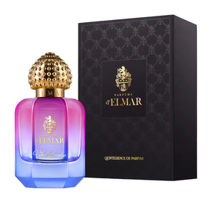 Parfums d'Elmar - Velvet Paradise Glasflakon mit Farbverlauf von Pink zu Blau und goldfarbenem Verschluss neben schwarzer Verpackung