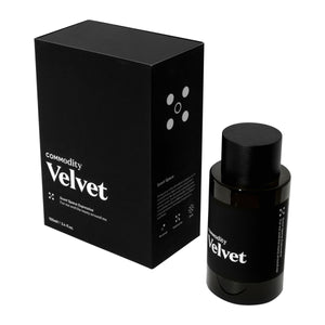 Commodity - Velvet Parfumflakon und schwarze Verpackung in elegantem, minimalistischem Design auf weißem Hintergrund gezeigt