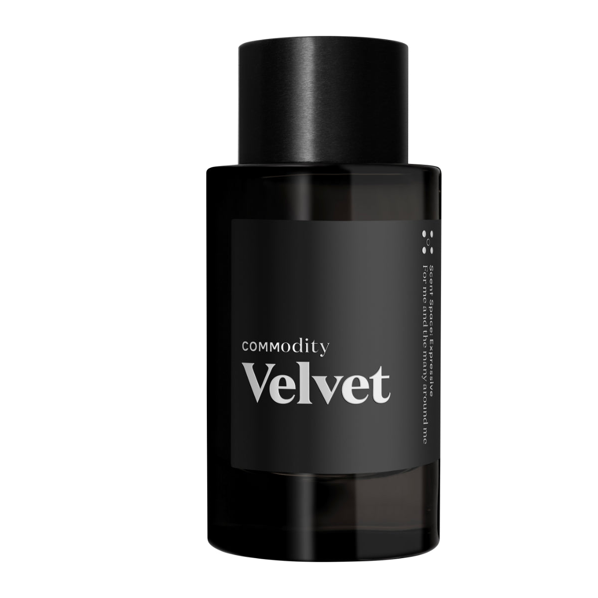 Commodity - Velvet Parfumflakon in schlichtem schwarzem Design vor hellem Hintergrund präsentiert
