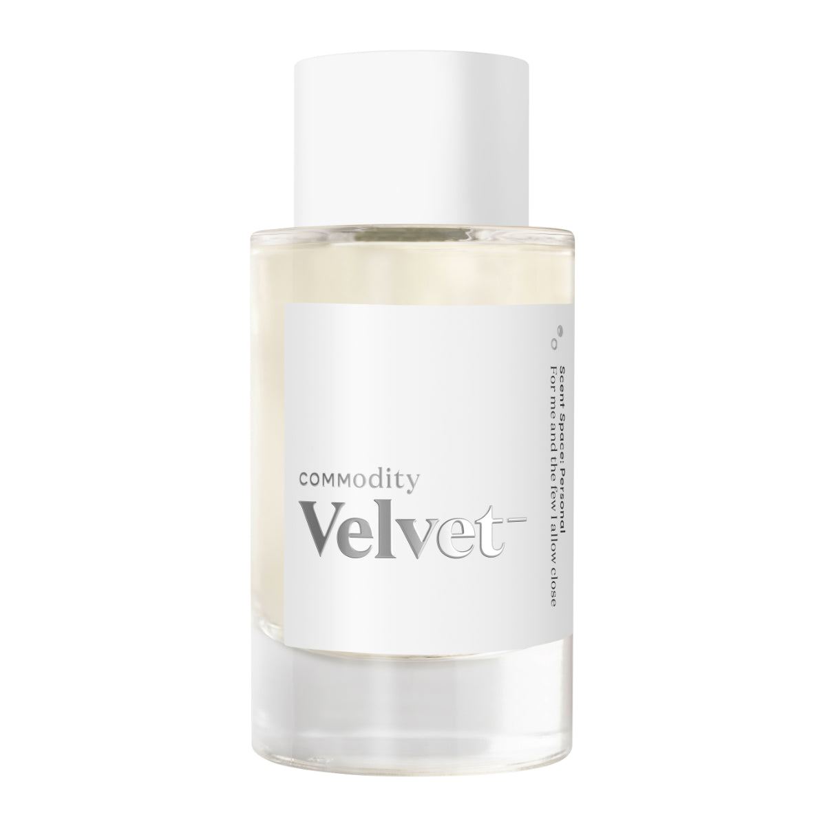 Commodity - Velvet- Parfumflakon mit weißem Etikett und schlichtem Design vor weißem Hintergrund dargestellt
