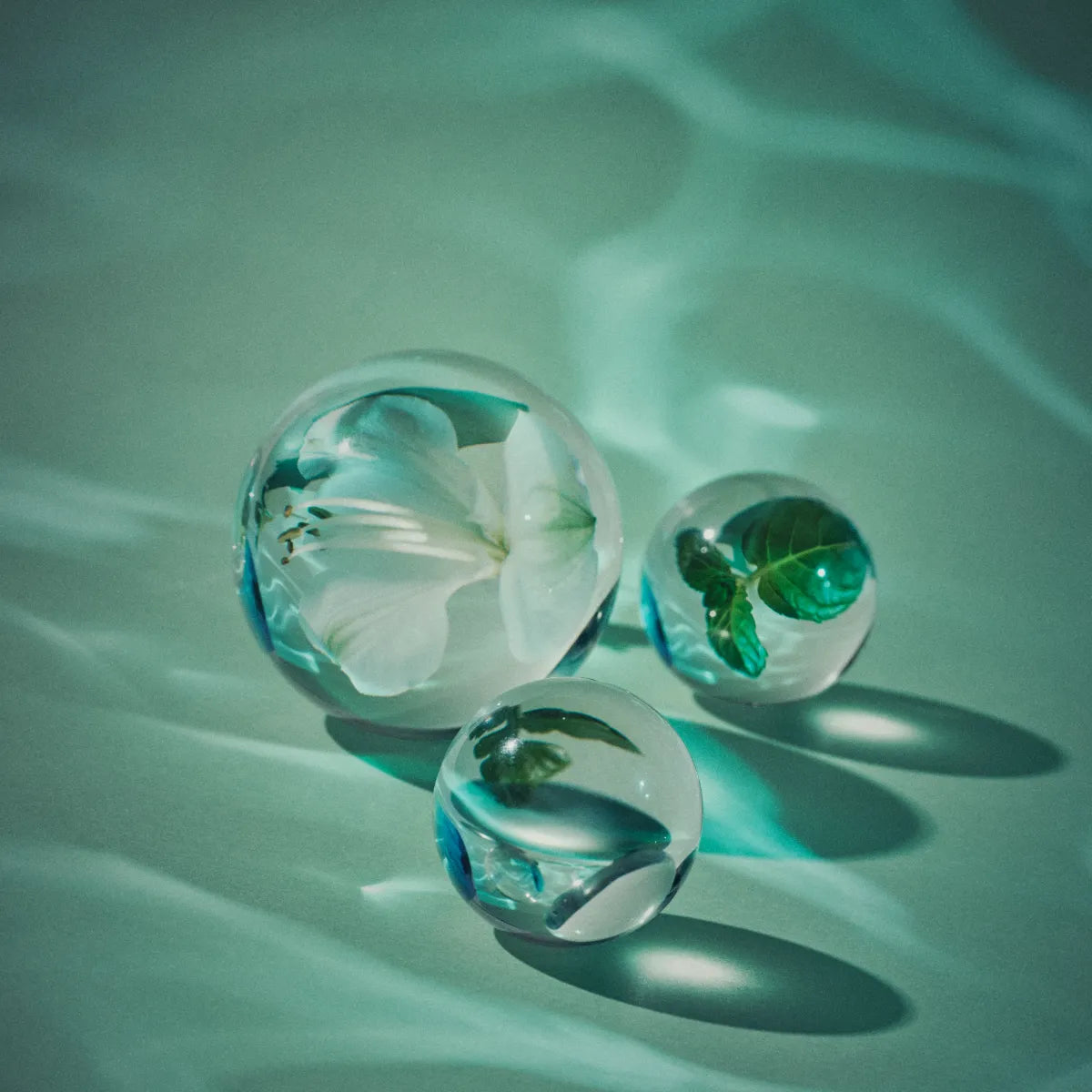 Kinetic Perfumes - Verdigris zarte Glaskugeln mit eingehüllten Blüten und Blättern im grünen, sanften Lichtspiel