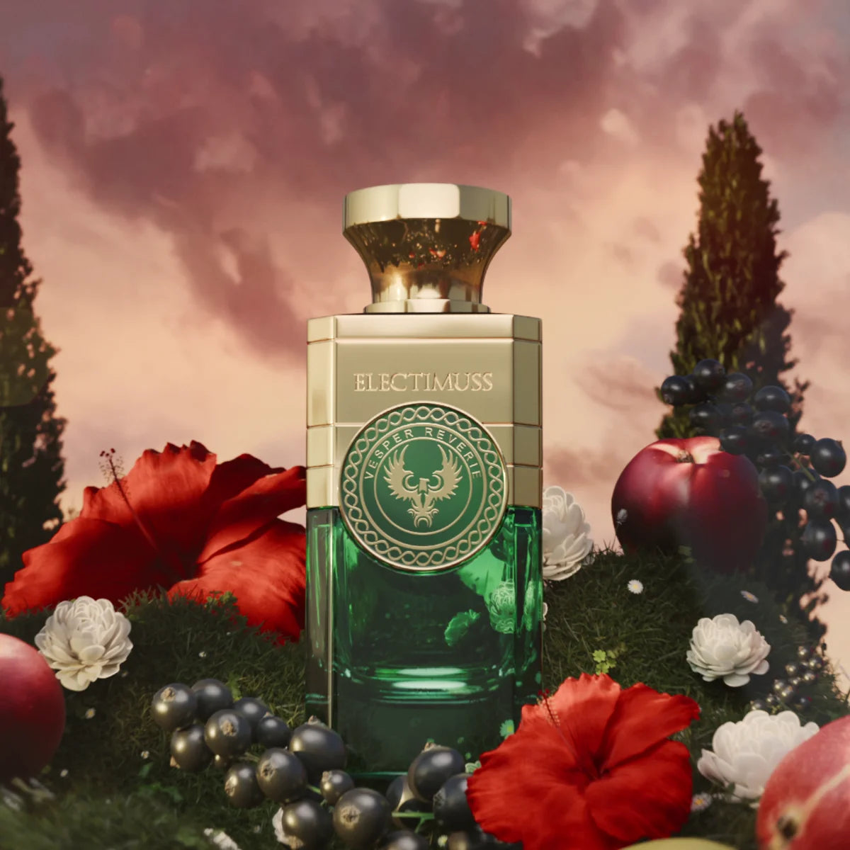 Electimuss - Vesper Reverie Flakon mit grünem Glas und goldfarbenem Verschluss in luxuriöser Szenerie mit Blumen und Früchten