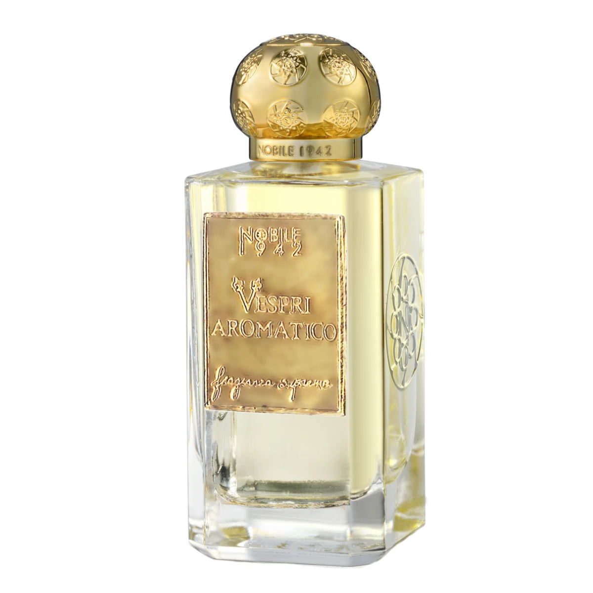 Nobile 1942 - Vespri Aromatico - Fragranza Suprema Parfumflakon mit goldfarbenem Verschluss und graviertem Emblem vor weißem Hintergrund