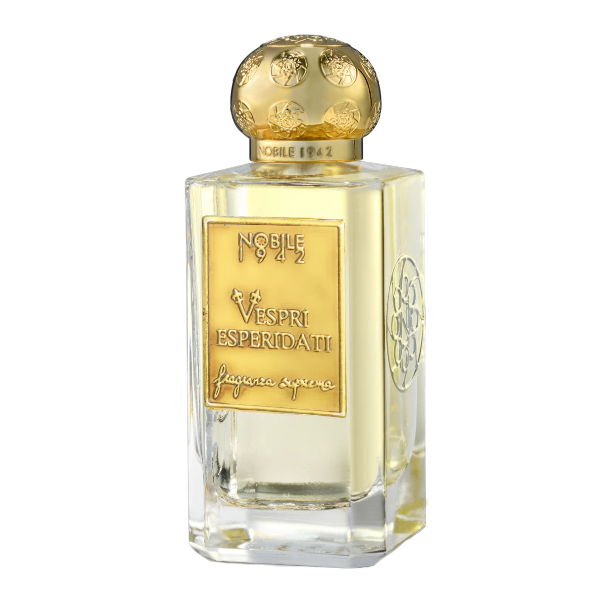 Nobile 1942 - Vespri Esperidati - Fragranza Suprema eleganter Flakon mit goldenem Verschluss und Schriftzug auf klarem Glas