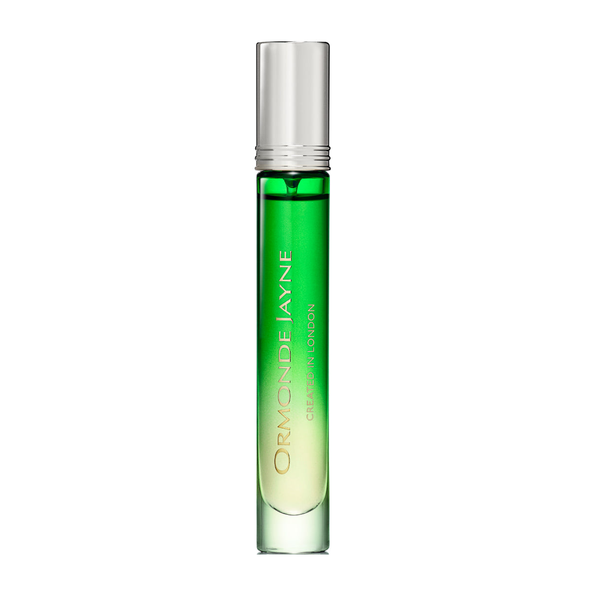 Ormonde Jayne - Vetiveria Parfumflakon in schlankem grünem Glas mit silbernem Verschluss auf weißem Hintergrund