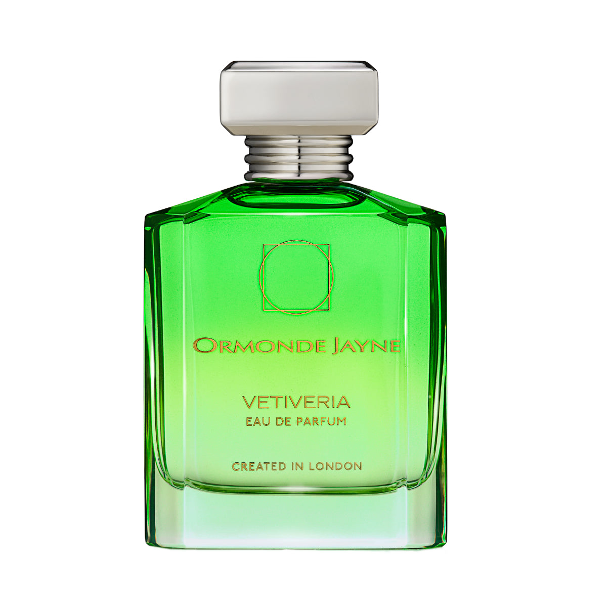 Ormonde Jayne - Vetiveria Parfumflakon in grünem Glas mit rechteckigem Verschluss auf weißem Hintergrund