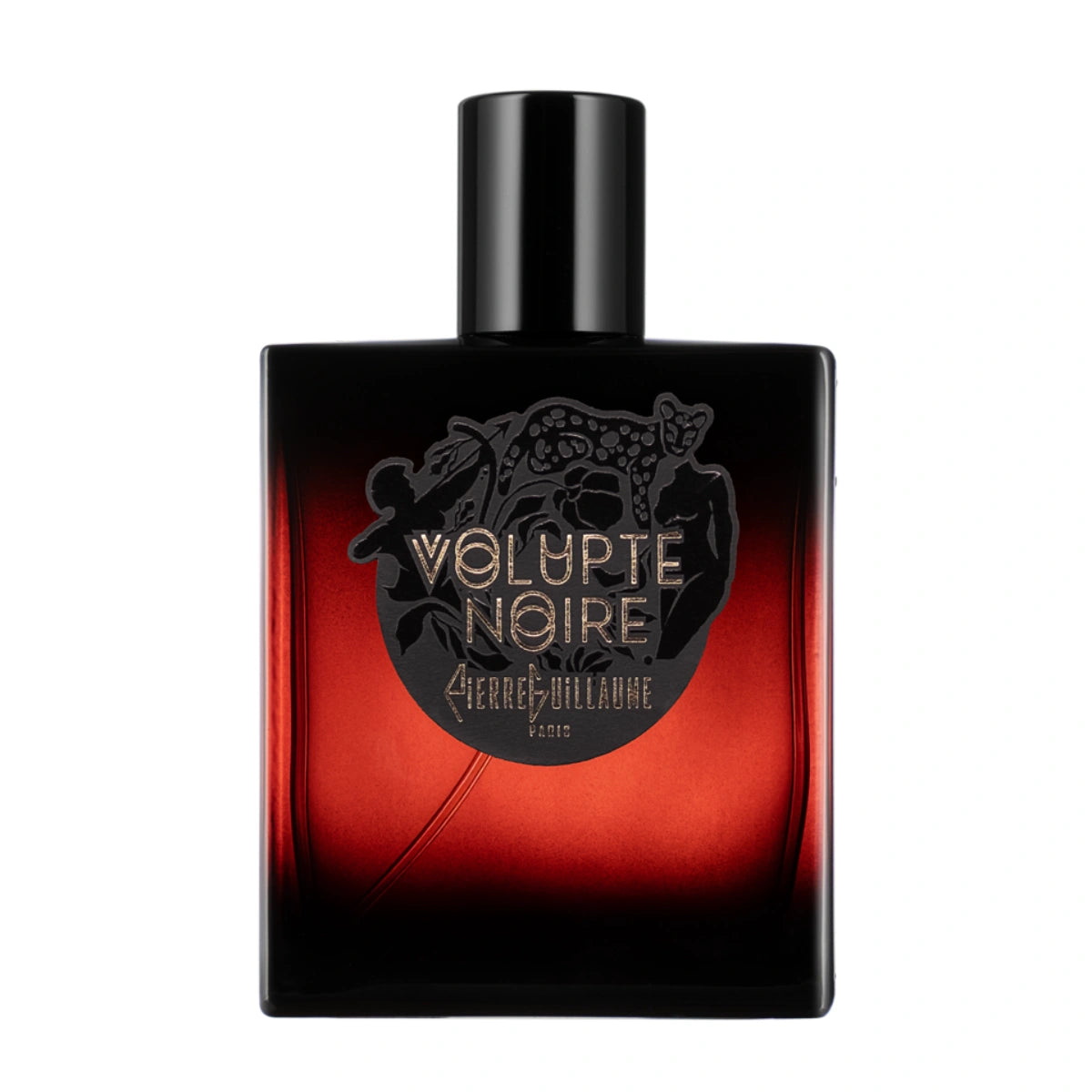 Pierre Guillaume - Beyond Collection - Volupté Noire zeigt roten Flakon mit schwarzem Deckel und Panther-Motiv elegant gestaltet