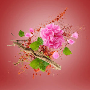 Xerjoff - Vibe - Wardasina mit bulgarischer Rose und Safran vor weinrotem Hintergrund stilvoll arrangiert