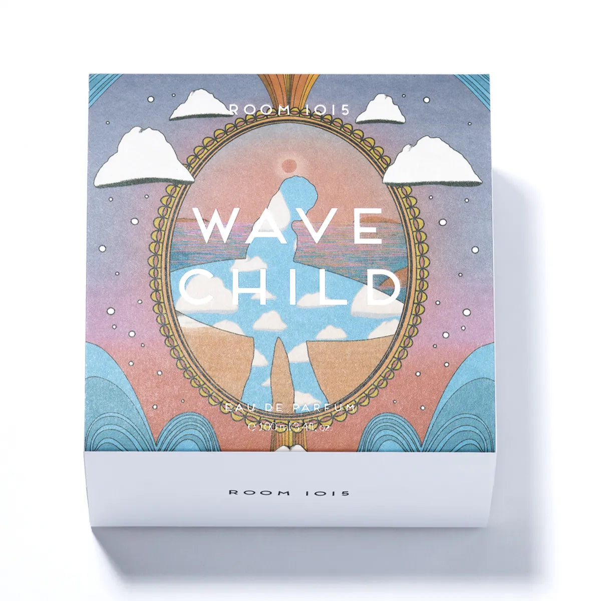 Room 1015 - Wavechild Verpackung mit Surfer-Silhouette vor blau-rosa Himmel und stilisierten Wellenornamenten