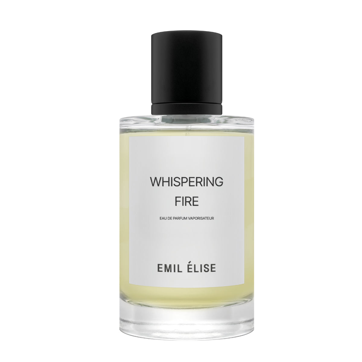 Emil Élise - whispering fire Parfümflakon mit klarem Glas und schwarzem Verschluss vor weißem Hintergrund