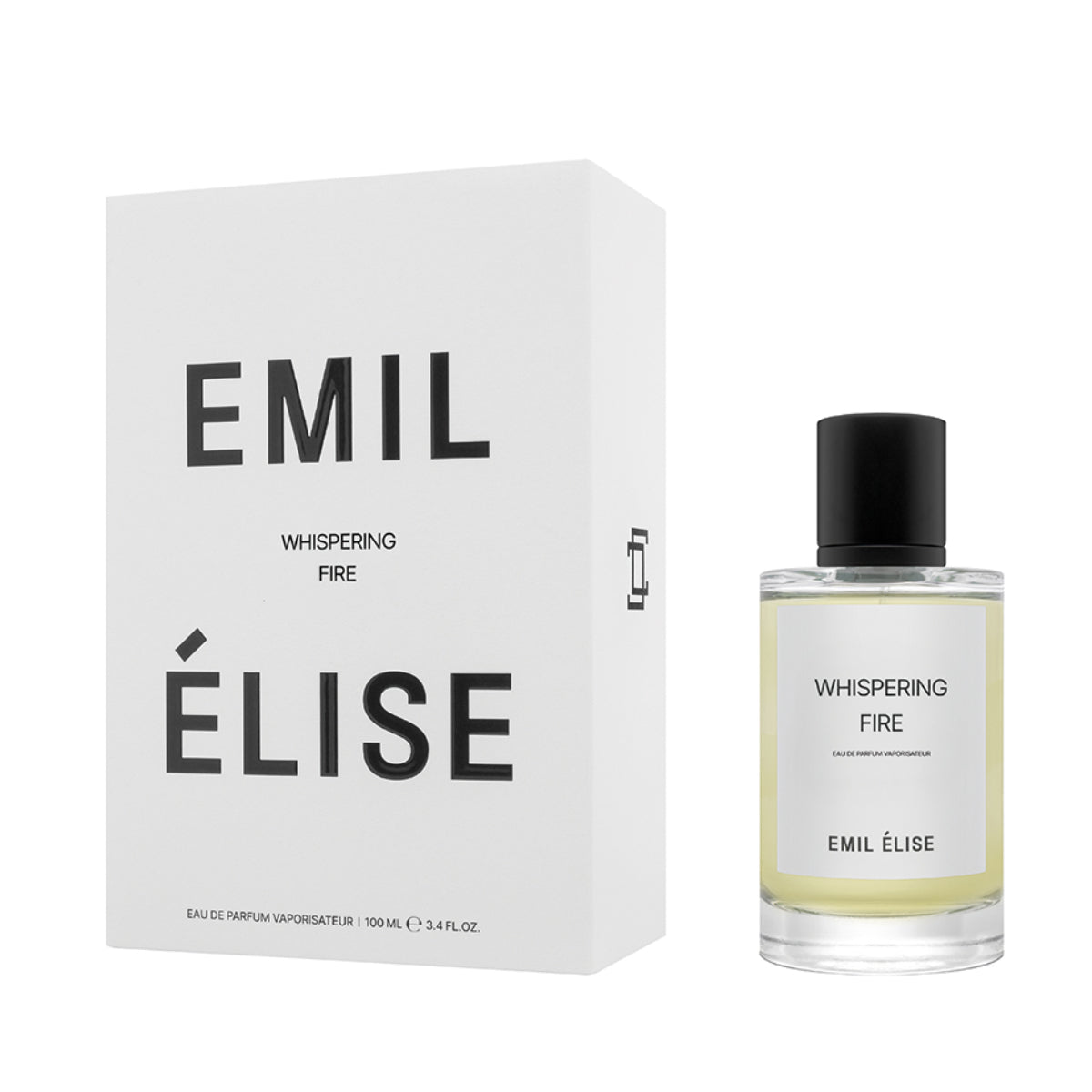 Emil Élise - whispering fire Parfümflakon und weiße Verpackung mit schlichtem, modernem Design vor weißem Hintergrund