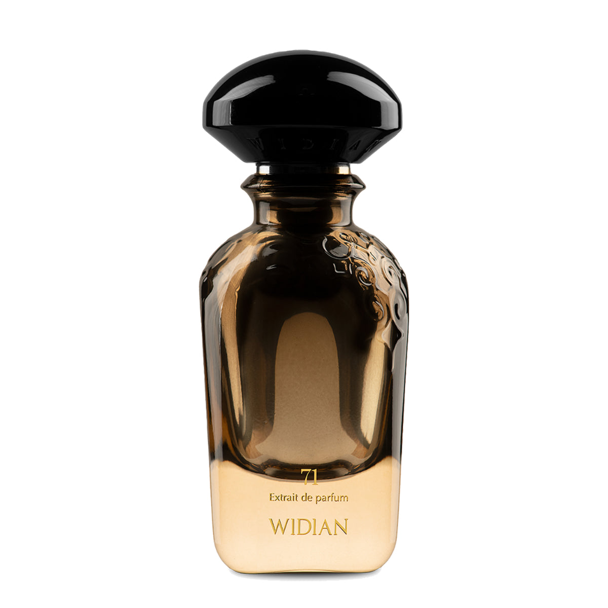 Widian - Limited Collection - Limited 71 Parfumflakon in Bernsteinfarben mit schwarzem Deckel und Ornament an der Seite