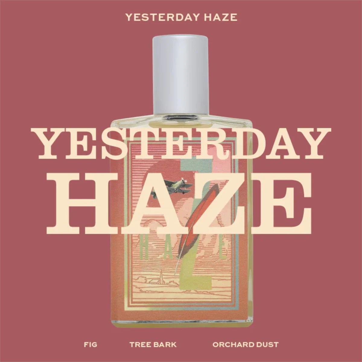 Imaginary Authors - Yesterday Haze Flakon mit pastellfarbenem Etikett und schlichtem weißem Verschluss vor rotem Hintergrund