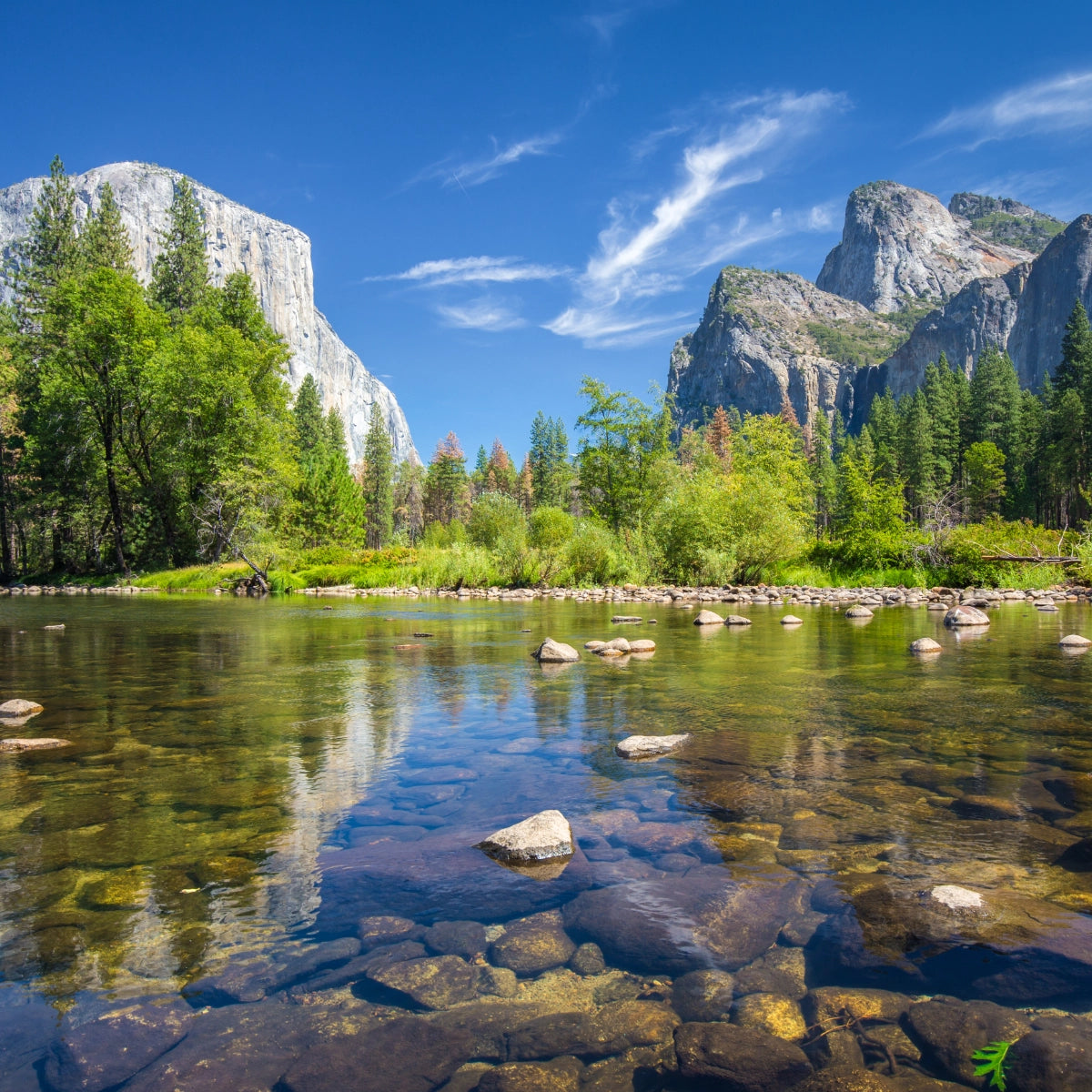 Olfattology - Yosemite klarer Bergfluss mit Felsen und Tannen vor beeindruckenden Granitfelsen unter blauem Himmel