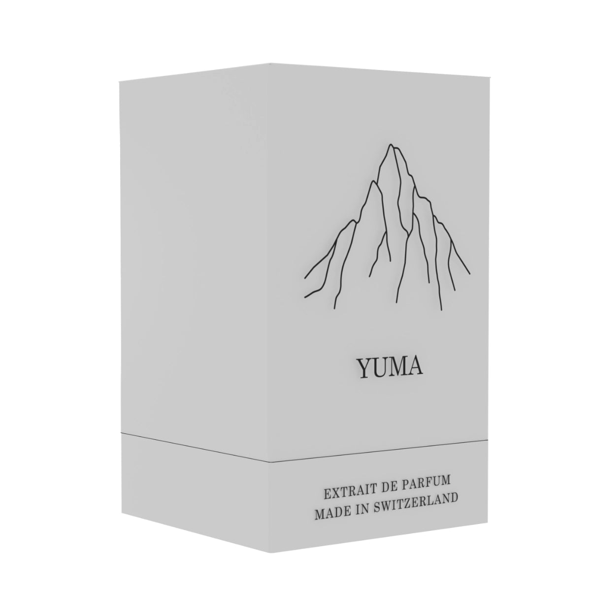 Pernoire - Odus Collection - Yuma Parfumverpackung mit minimalistischer Bergzeichnung und klarem Design auf weißem Hintergrund