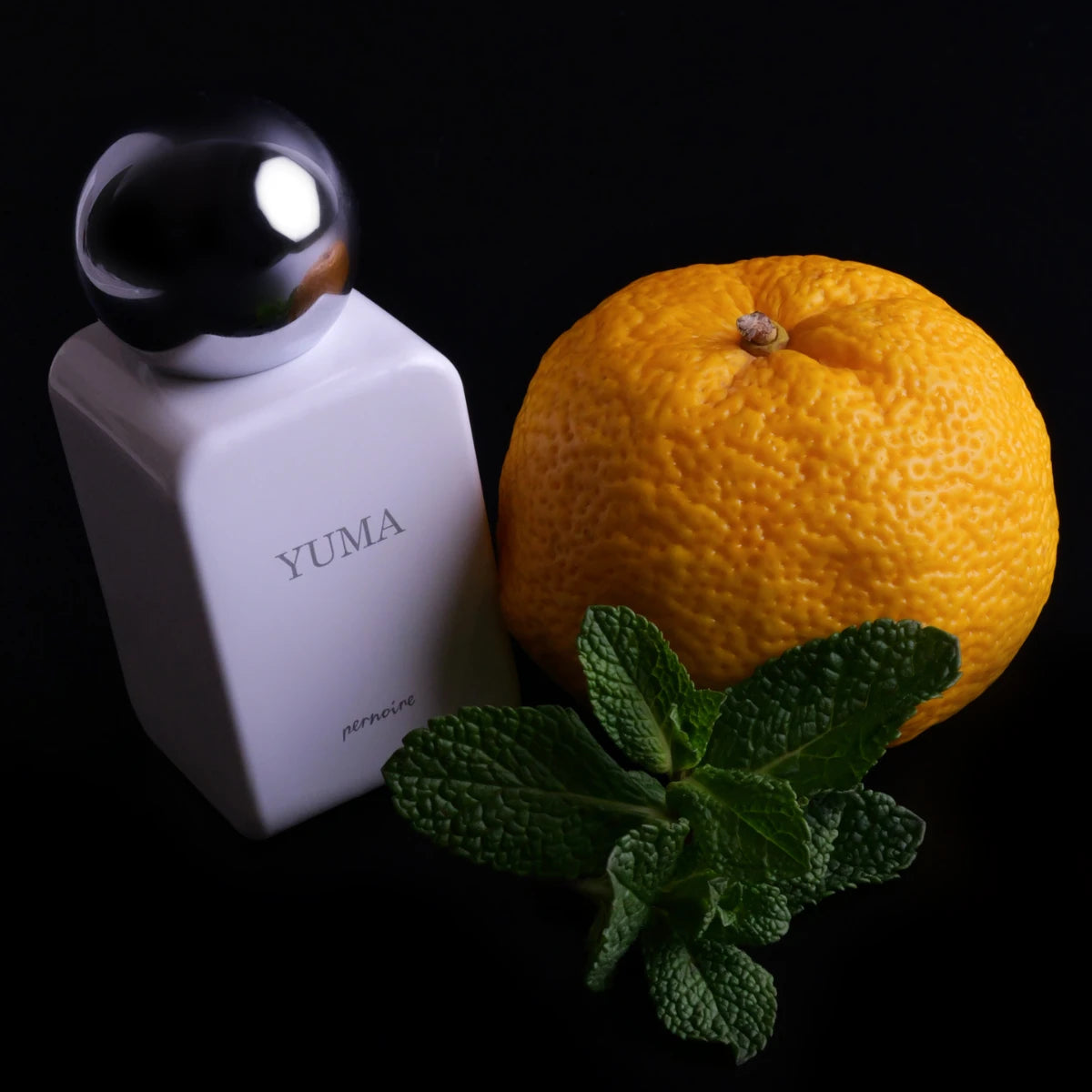 Pernoire - Odus Collection - Yuma Flakon mit mattweißer Oberfläche und silberner Kugel auf schwarzem Hintergrund neben Orange und Minze