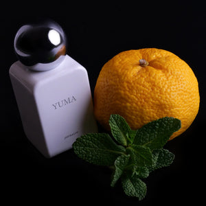 Pernoire - Odus Collection - Yuma Flakon mit mattweißer Oberfläche und silberner Kugel auf schwarzem Hintergrund neben Orange und Minze