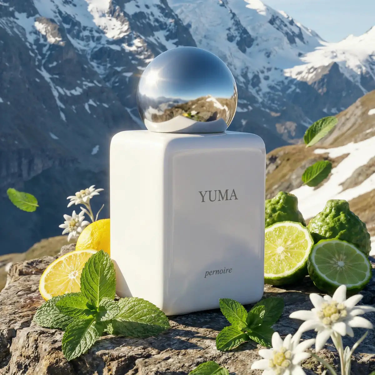 Pernoire - Odus Collection - Yuma Flakon mit mattweißer Oberfläche und glänzendem silbernem Kugelverschluss in Berglandschaft