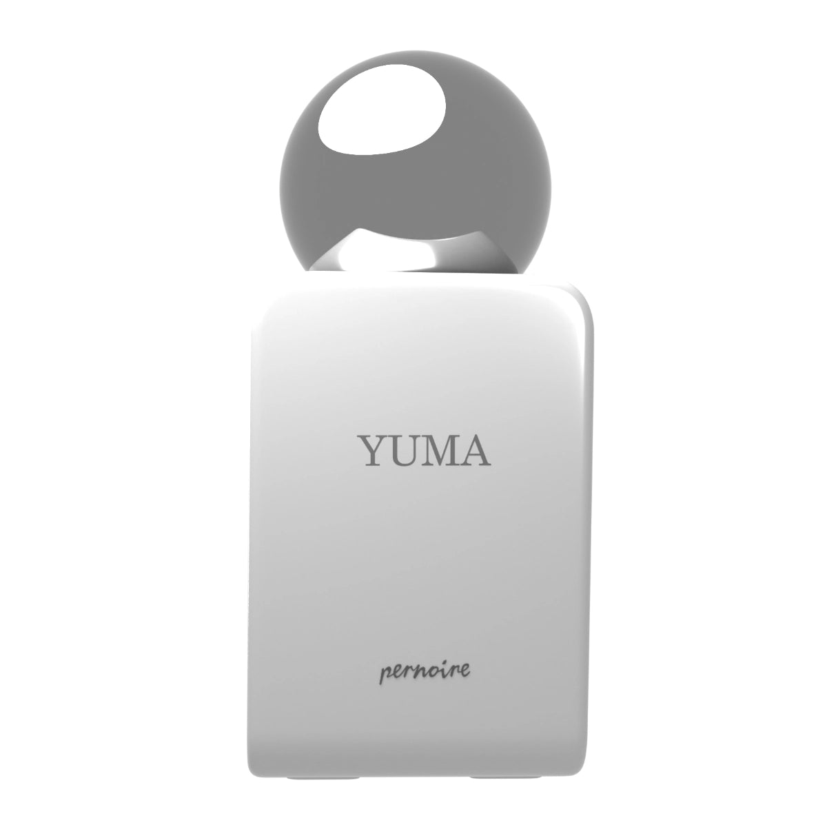 Pernoire - Odus Collection - Yuma Flakon mit schlichtem, weißem Design und kugelförmigem silbernem Verschluss auf weißem Hintergrund