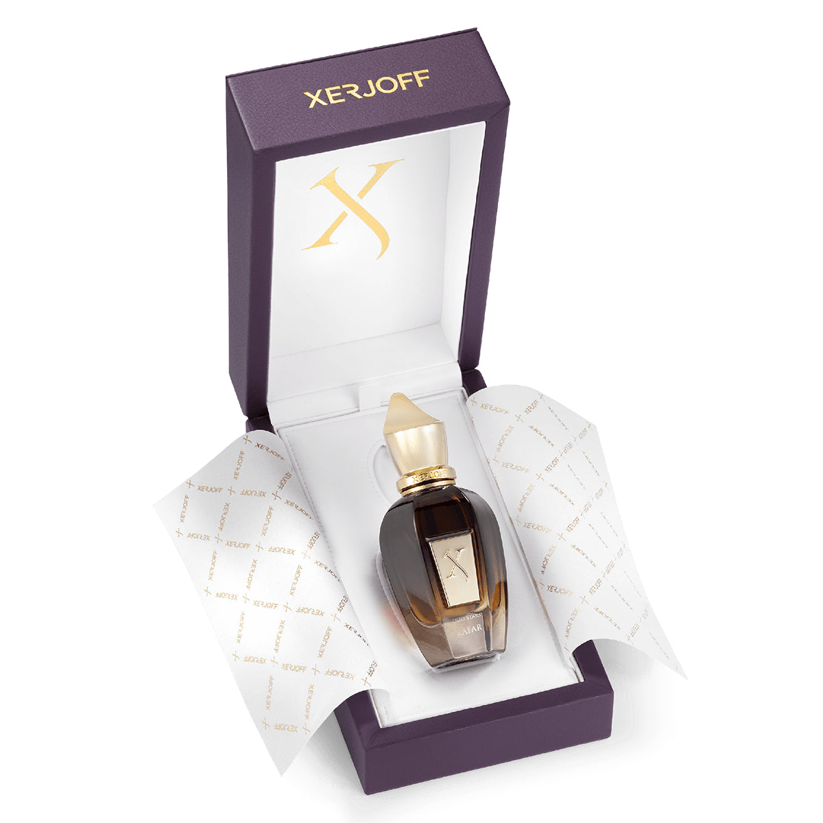 Xerjoff - Oud Stars - Zafar luxuriös präsentierter Flakon in edlem lila Etui mit goldfarbenem Logo und Seidenpapier