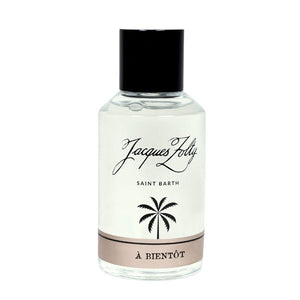 Jacques Zolty - Original Collection - À Bientôt Eau Fraîche Flakon mit schwarzem Verschluss und Palmenmotiv vor weißem Hintergrund