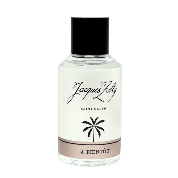Jacques Zolty - Original Collection - À Bientôt Eau Fraîche Flakon mit schwarzem Verschluss und Palmenmotiv vor weißem Hintergrund